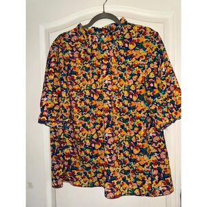 BTFBM Floral Mock Neck Puff Sleeve Blouse Blue Orange Yellow XL Short Sleeve Top